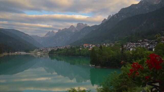 Santa Caterina lake from Auronzo di Cadore, Italy. Dolomites mountains in background. Timelapse video