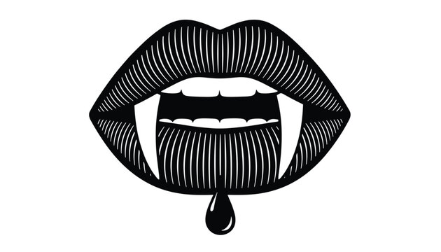 Stylized graphic of a vampire mouth showing sharp white fangs with a single drop of blood dripping from the bottom lip.