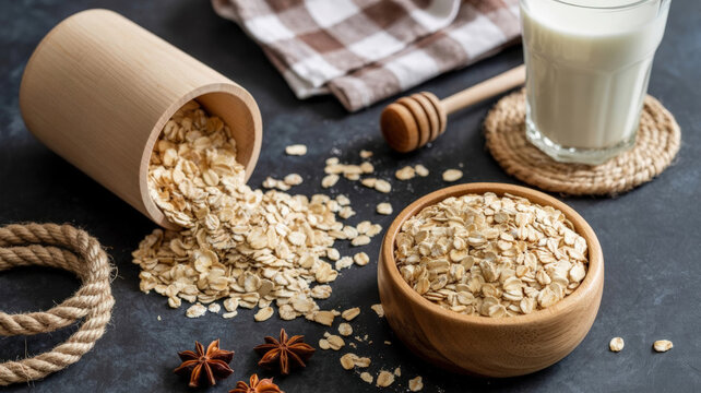 Rolled oats spilled from wooden container with milk and honey for healthy breakfast