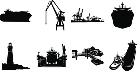 Obraz premium Maritime Transport and Port Infrastructure Silhouettes Collection Isolated on White