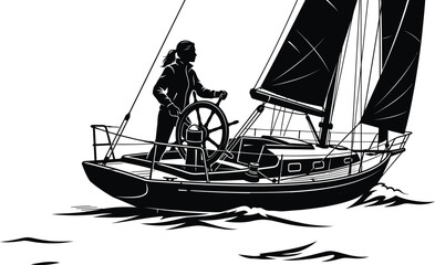 Sailing Yacht Silhouette With Steersperson On Wavy Water Black And White © Moon
