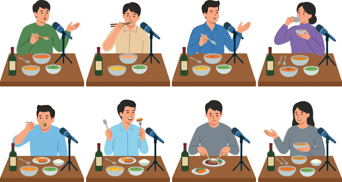 Mukbang and Food Vlogging Concept Vector Set Featuring Content Creators Eating Dining and Talking Into Microphones for Online Streaming and Podcasts