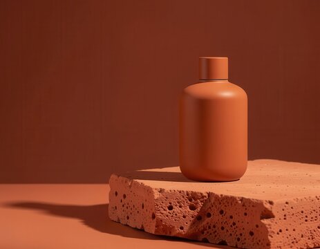 Minimalist terracotta orange ceramic vase resting on a matching stone block against a dual background.