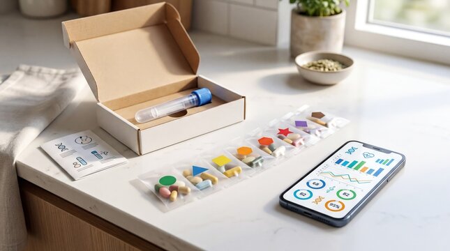 personalized health solutions, an at-home health setup featuring a dna test kit, vitamin packs, and a smartphone