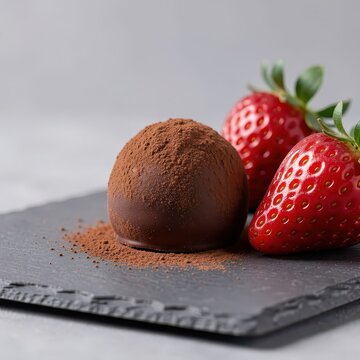 Single decadent chocolate truffle dusted with cocoa powder alongside two fresh red strawberries on slate.