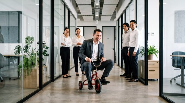 office culture dynamics, a suited business professional rides a tiny tricycle down an office hallway, evoking amusement from onlooking colleagues