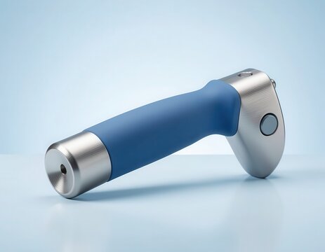 Modern blue and silver handheld electronic medical tool lying flat on a light blue background.