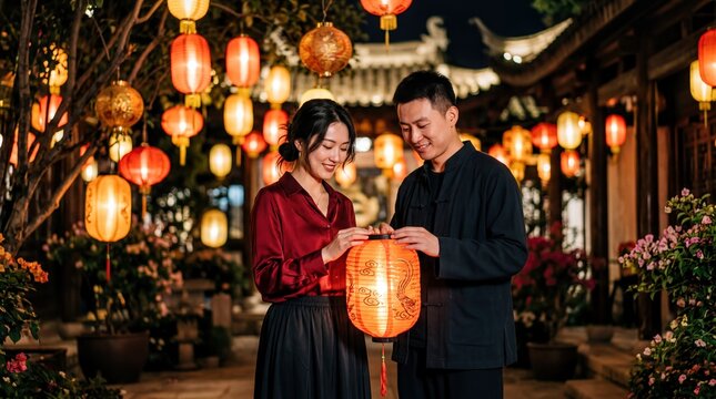 cultural romantic traditions, a warm and intimate setting featuring traditional lanterns and romantic symbols