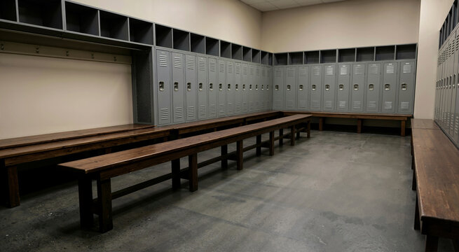 Empty sports stadium locker room with grey metal cabinets. Interior of changing room with long wooden benches. Athletic facility