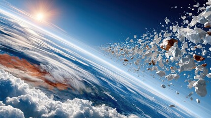 Fototapeta premium Orbital debris field over Earth with hundreds of fragments and satellite collision visualization