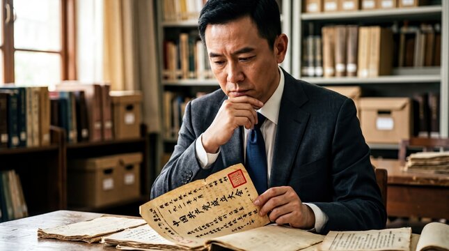 historical reflection, a thoughtful person in formal attire examines historical documents with focus