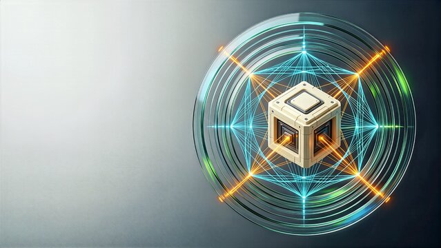 Multi-Layered Cloud Defense and Cybersecurity Concept with 3D Glassmorphic Security Mandala, Modular Data Core and Copy Space