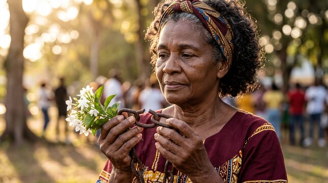cultural heritage celebration, a person grips symbolic items of freedom, exuding calm and dignity