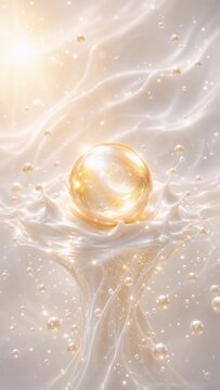 Luxury Golden Pearl Serum Orb Floating in Milky Splash Abstract Background Wallpaper