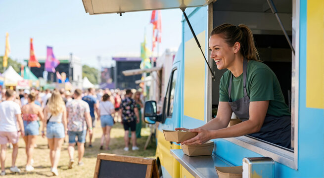 Smiling female vendor serving food from a colorful food truck. Woman working at an outdoor summer music festival with a large crowd