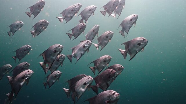 School of Spadefish Swimming Synchronously Together in Deep Blue Water