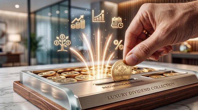 Hand placing gold coin in luxury dividend collection box with financial icons