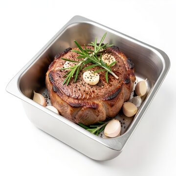 Delicious cooked beef meat roast seasoned with fresh rosemary inside a square stainless steel baking pan.