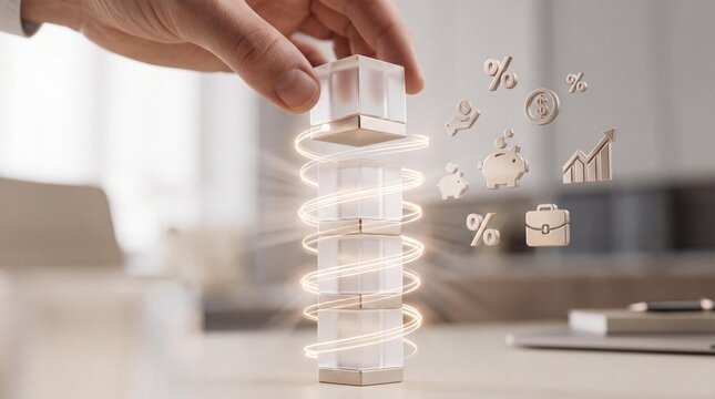 Businessman building financial blocks with glowing spiral growth