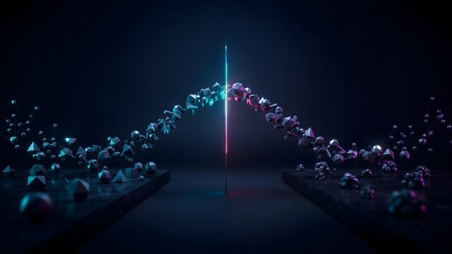 Faceted particles creating data bridge &ndash; Ideal for abstract science or fintech marketing.