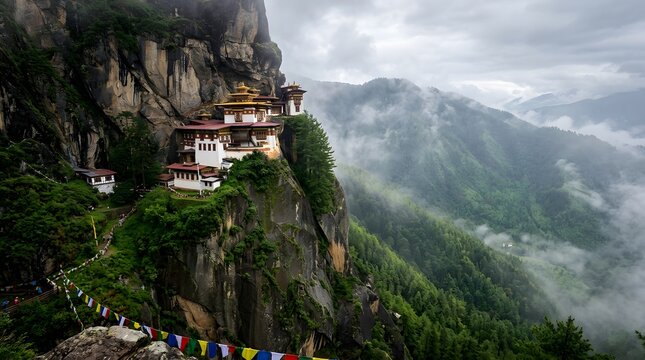 Tiger's Nest Monastery, a breathtaking spiritual sanctuary perched precariously on a sheer cliff face, shrouded in misty mountains and adorned with prayer flags.