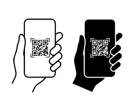 hand holding mobile phone with QR code ready to scan, icon set, outline and negative black, vector file