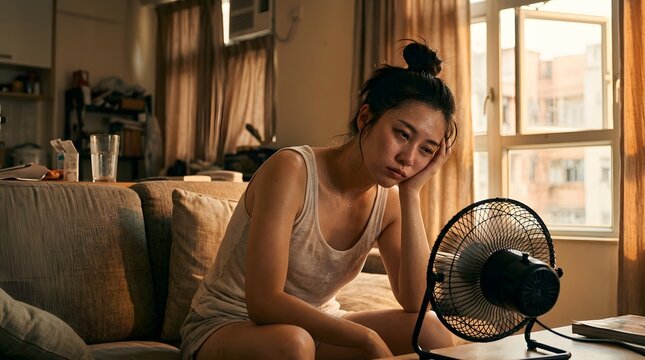 A young woman sits in a dimly lit room, looking distressed as she holds her hand to her forehead and stares at an electric fan, overwhelmed by the heat.