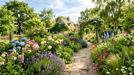 Obraz premium A stone pathway winds through a vibrant, blooming garden, leading to a charming cottage nestled among lush trees. The scene is alive with color and fragrance, a picturesque oasis of natural beauty.