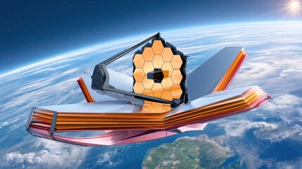 Fototapeta premium Space telescope in Earth orbit with golden primary mirror and sunshield panels over planet