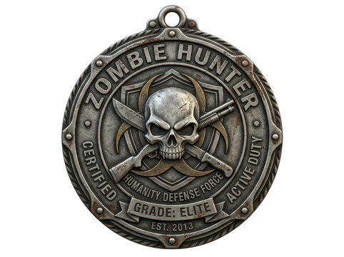 Metallic silver zombie hunter medal badge with skull and weapons isolated on transparent background