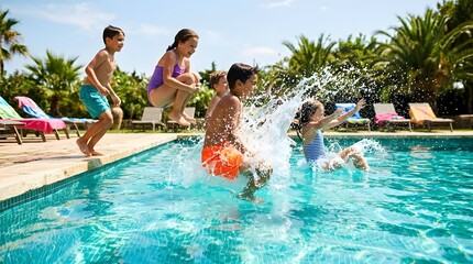 Obraz premium Kids joyfully jumping into a sparkling blue swimming pool surrounded by palm trees and lounge chairs, creating a splash of summer fun and pure childhood happiness.