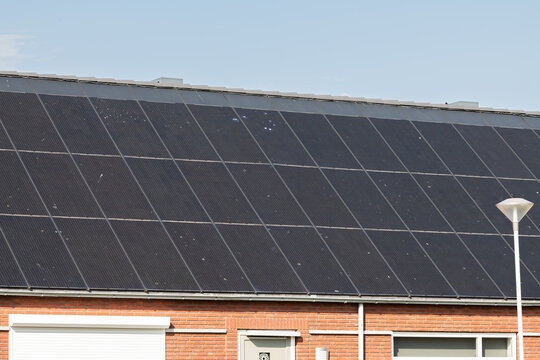 Breskens, Netherlands. Residential rooftop solar panels with visible dirt and streetlight in suburban setting