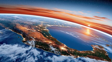 Fototapeta premium Sunrise over Earth from orbit showing Mexican peninsula, Gulf of Mexico and city lights at dawn