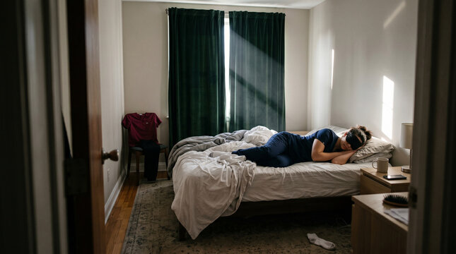 Urban Bedroom Scene Shows Nurse Blocked From Daytime Sleep By Sunbeam