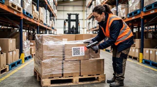 supply chain management, a logistics manager in safety gear scans a blockchain label on a pallet
