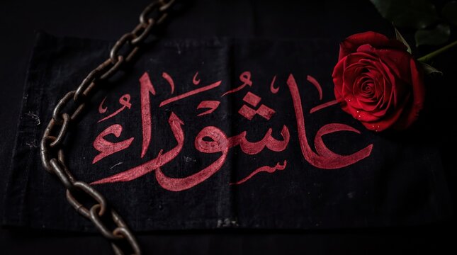 cultural symbolism, elegant calligraphy of ashura adorned with a red rose and chain, symbolizing mourning