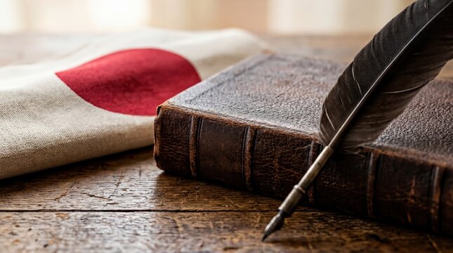 legal heritage, a close-up of a constitution book and quill alongside the japanese flag