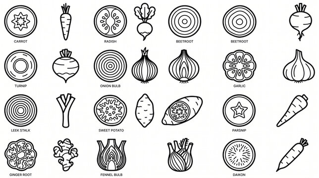 Root Vegetables Cross Sections and Whole Plants Minimal Line Art Icon Set with Labels Carrot, Radish, Beetroot, Onion, Garlic, and Ginger Vector Illustration