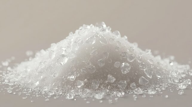 Pile of White Crystalline Salt or Sugar on Grey Background - Texture and Ingredient Concept