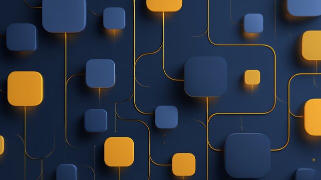 3d abstract technology background with connecting blue and orange rounded squares and golden circuit lines for data flow and networking concept.