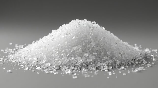 Pile of White Crystalline Salt or Sugar on Grey Background - Texture and Ingredient Concept