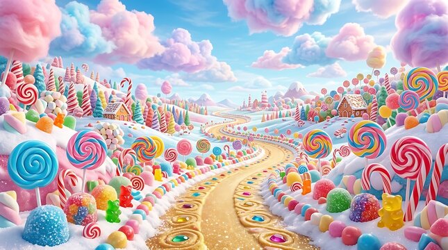 Whimsical candy land landscape with lollipops and gumdrops under cotton candy clouds
