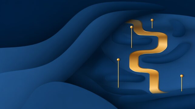 Abstract 3d dark blue wavy background with a winding golden path and destination pins, illustrating business journey, roadmap, and strategic planning.