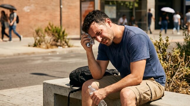 A man wipes sweat from his brow, looking exhausted and overheated under the intense summer sun on a city street, conveying the harsh reality of a heatwave.