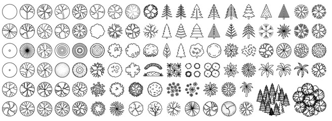 Architectural CAD tree collection with clean overhead plant symbols, minimal outline vegetation drawings for landscape plans, urban layouts, gardens, parks and site design © JIm Studio