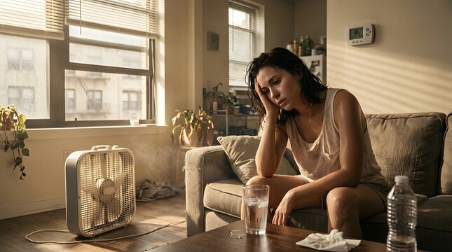 A woman struggling with the heat sits in a dimly lit room, her forehead resting on her hand as she seeks relief from a nearby fan and a cool drink.