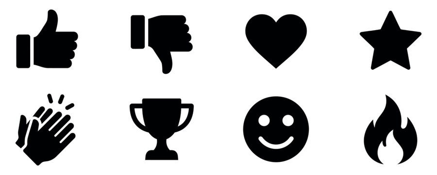 Set of black social media interaction icons including like dislike heart star clap trophy smile and fire symbols Vector