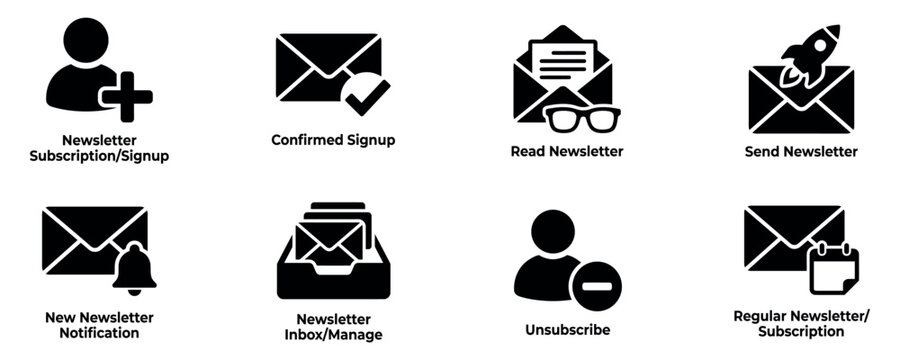 Set of email newsletter subscription icons showing signup confirm read send notification inbox and unsubscribe actions Vector