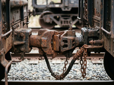 Industrial Freight Train Coupling Mechanism Close Up View