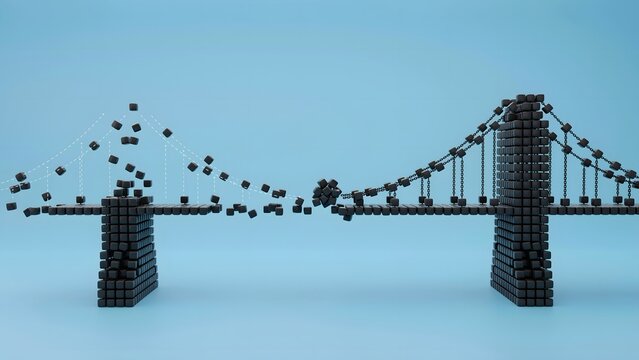 Black cube bridge on blue background &ndash; Great for business collaboration or logistic planning.